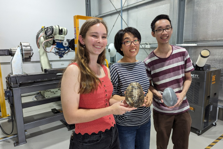 CDU student Jessie Duncan and PhD students Huifeng Wang and Cedric Tan. 