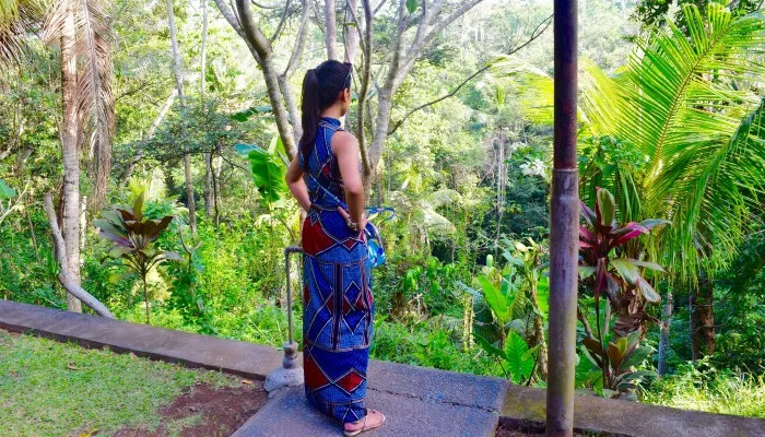 Green and lush tropical Balinese landscape with a person looking out into it