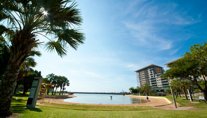 View of ocean and park at the cdu darwin waterfront campus