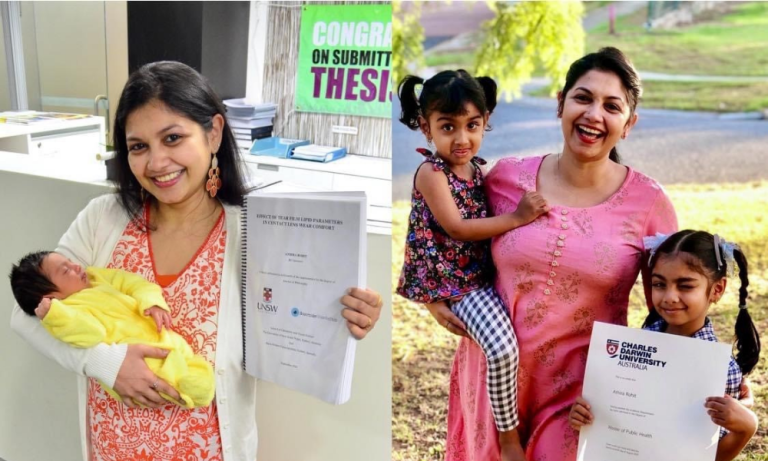Athira at the end of both her degrees, 2014 and 2020, with her young family