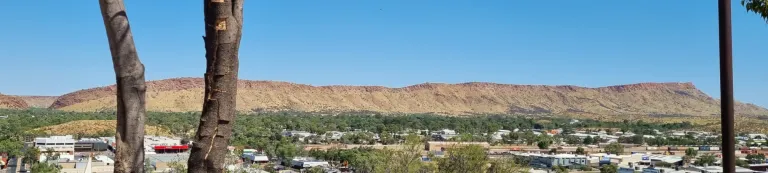 View of town and hills, framed by trees