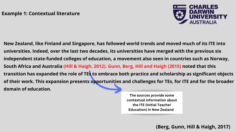 Example 1: Contextual literature  New Zealand, like Finland and Singapore, has followed world trends and moved much of its ITE into universities. Indeed, over the last two decades, its universities have merged with the previous six independent state-funded colleges of education, a movement also seen in countries such as Norway, South Africa and Australia (Hill & Haigh, 2012). Gunn, Berg, Hill and Haigh (2015) noted that this transition has expanded the role of TEs to embrace both practice and scholarship as