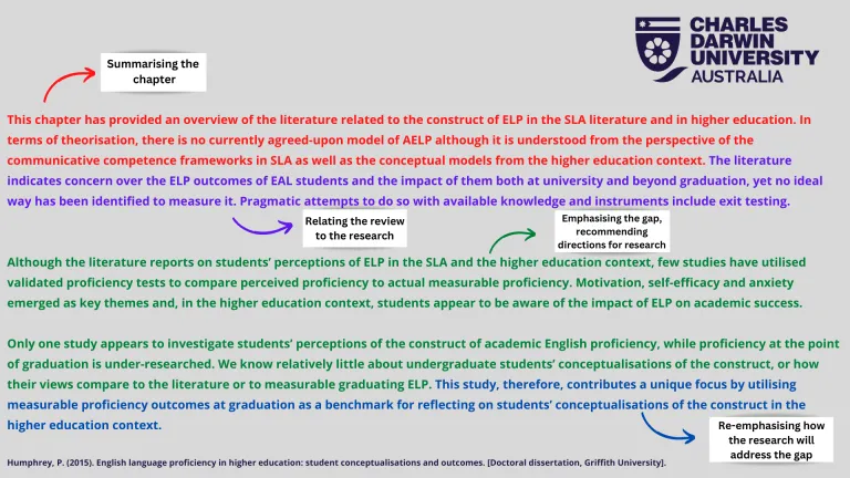 This chapter has provided an overview of the literature related to the construct of ELP in the SLA literature and in higher education. In terms of theorisation, there is no currently agreed-upon model of AELP although it is understood from the perspective of the communicative competence frameworks in SLA as well as the conceptual models from the higher education context. The literature indicates concern over the ELP outcomes of EAL students and the impact of them both at university and beyond graduation
