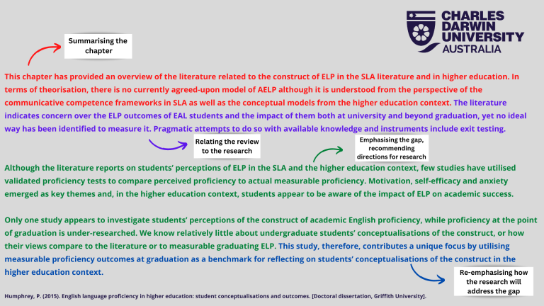 This chapter has provided an overview of the literature related to the construct of  ELP in the SLA literature and in higher education. In terms of theorisation, there is  no currently agreed-upon model of AELP although it is understood from the  perspective of the communicative competence frameworks in SLA as well as the  conceptual models from the higher education context. The literature indicates concern over the ELP outcomes of EAL students and the impact of them both at university and beyond graduation