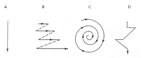 This image has A: a straight line, B: a zig zag line, C: a line going in a circle and D: a jagged line