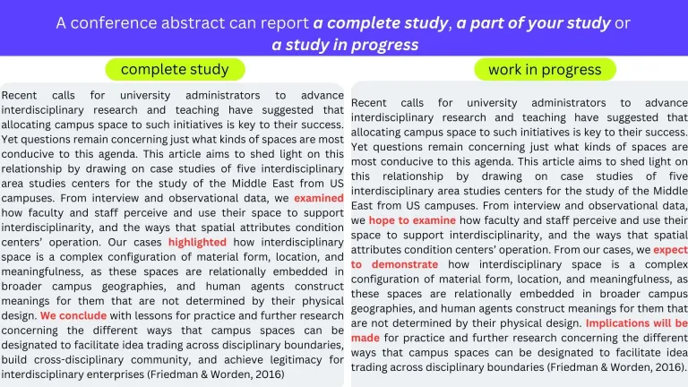 A conference abstract can report a complete study, a part of your study or a study in progress   A complete study   Recent calls for university administrators to advance interdisciplinary research and teaching have suggested that allocating campus space to such initiatives is key to their success. Yes questions remain concerning just what kinds of spaces are most conducive to this agenda. This article aims to shed light on this relationship by drawing on case studies of five interdisciplinary area studies c
