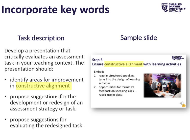An image showing an assignment instructions with 'constructive alignment' highlighted. Next to it is a slide with constructive alignment included in the information