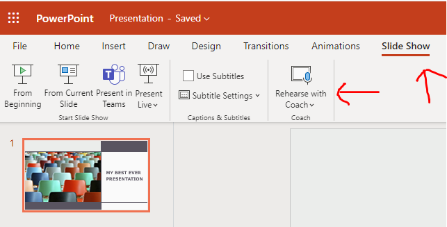 an image of the powerpoint page in microsoft. It shows the rehearse with coach tab in slide view