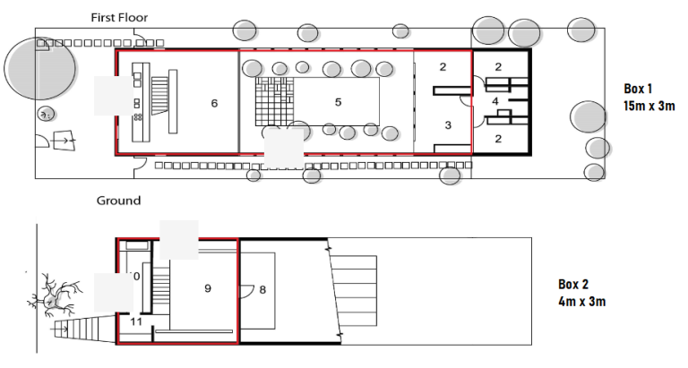 This is an image of a floor plan with some walls in red