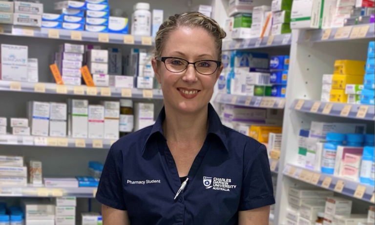 Pharmacy student Lauren studies online from her small town