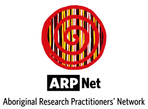 Logo with a red spiral over thin yellow, white, black, red, and orange vertical stripes, and the words ARP Net, Aboriginal Research Practitioners Network below