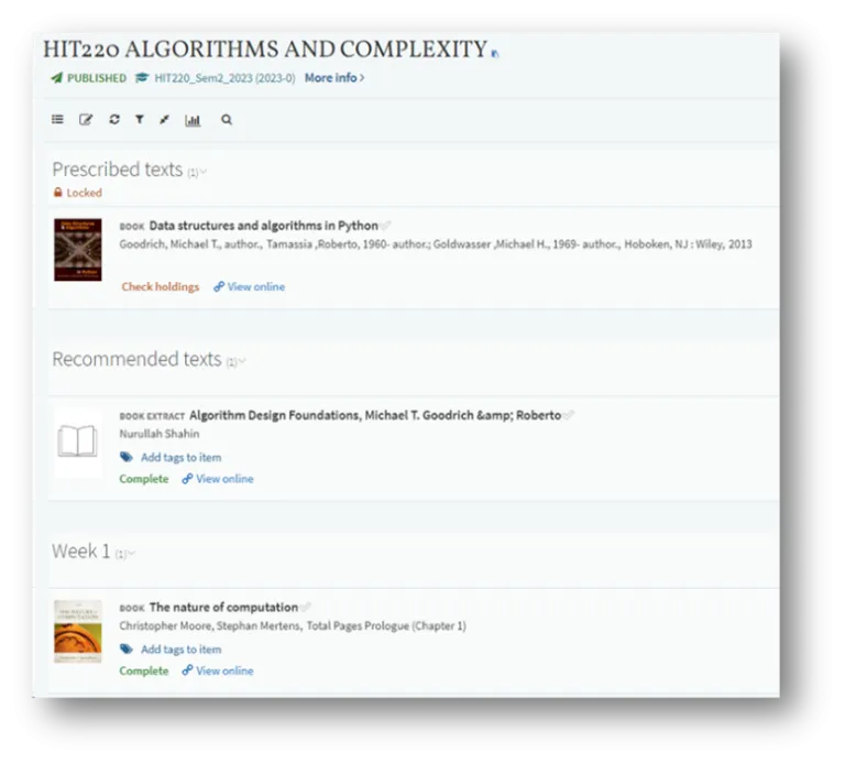 Screenshot of HIT220 reading list with prescribed texts section