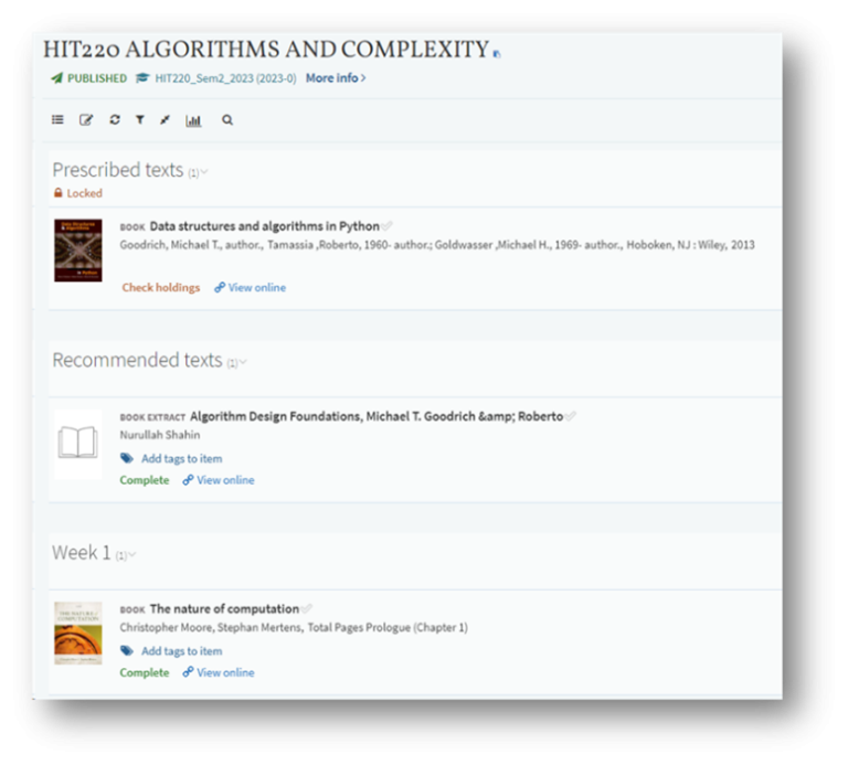 Screenshot of HIT220 reading list with prescribed texts section