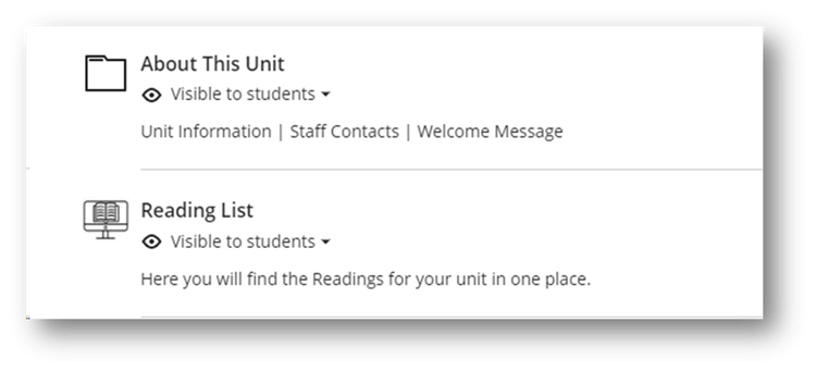Screenshot of a learnline unit. Shows the About this Unit and Reading List tabs with information.