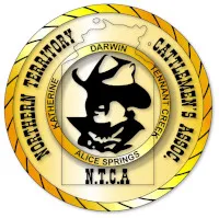 NT Cattlemen's association logo - circular design with "Northern Territory Cattlemen's Assoc" around the outside, "Katherine, Darwin, Tennant Creek, Alice Springs" inside, with stylised image of person in a hat, overlaid by outline map of NT