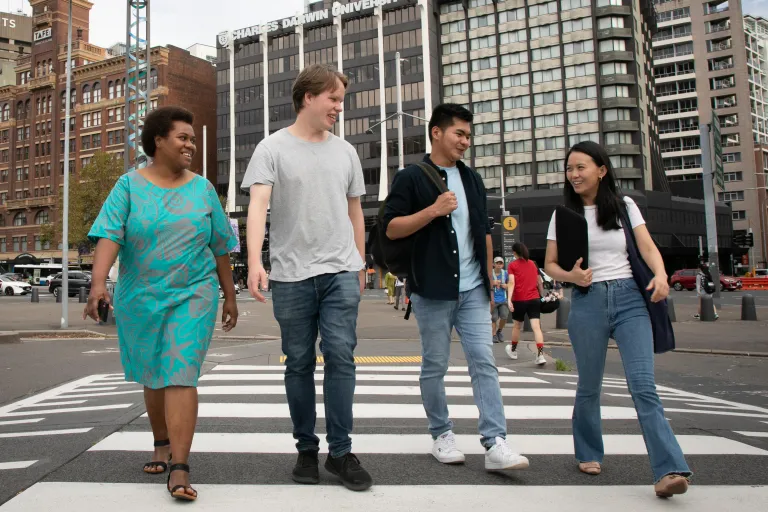 Students walking through Sydney CBD streets