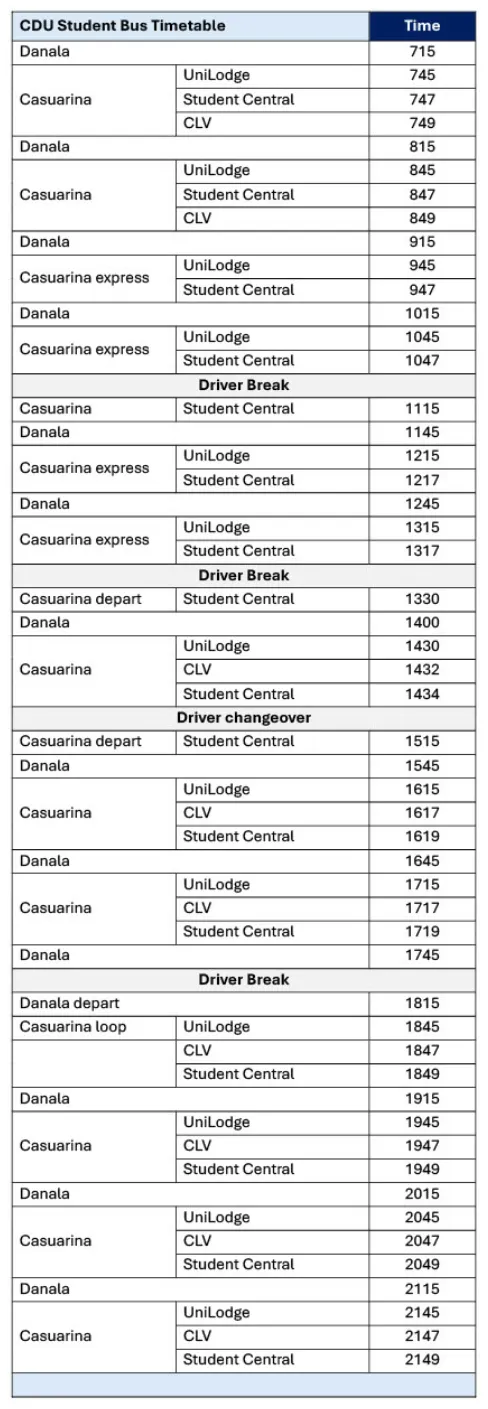 CDU Semester 2 Bus service timetable