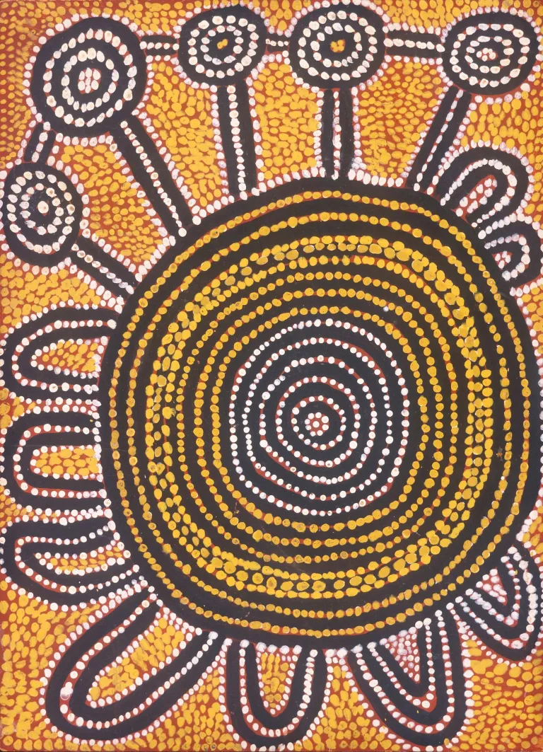 Dr George Tjapaltjarri (born c.1930 – 2017) Puli-puru-tjunku, 1977, synthetic polymer powder paint on composition board