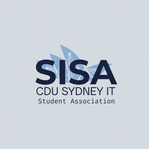 Logo of SISA – CDU Sydney IT Student Association, featuring bold navy ‘SISA’ text with a stylised blue graphic in the background