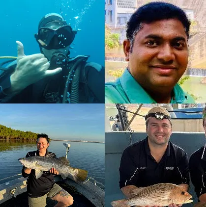 composite image of four photos of fisheries team members - including one under water in scuba gear and two holding fishes