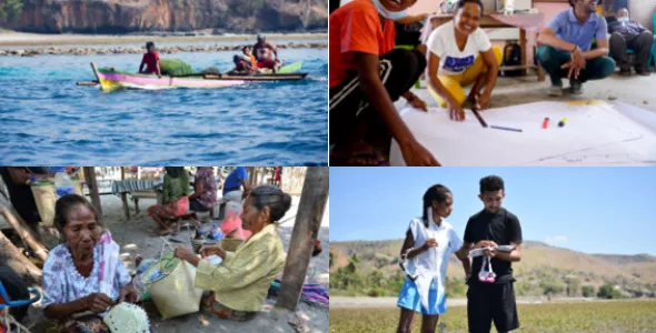 4 images showing Timorese people doing things in various places