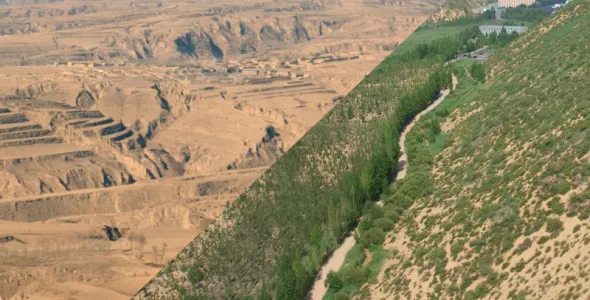 Before and after images of the Loess plateau - one side dry dusty and one side lunch green revegetated hills 