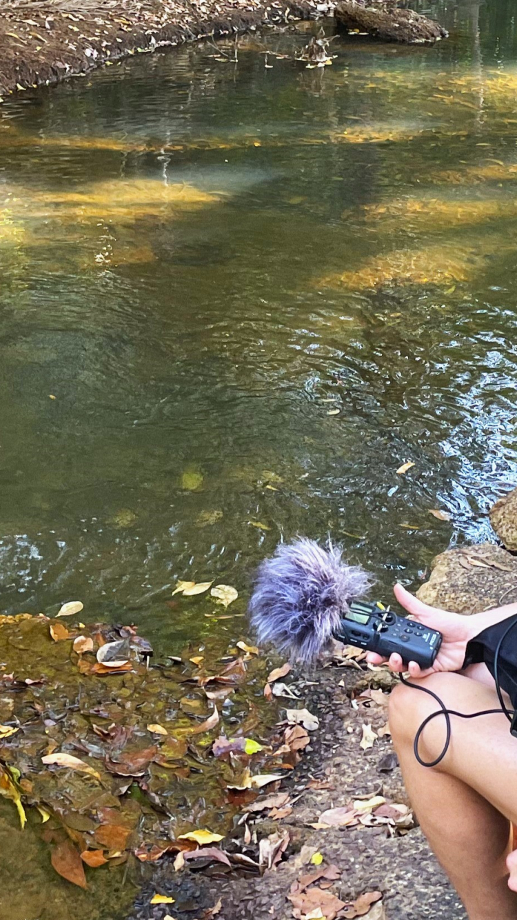 Researcher Jen Macdonald takes sound recordings of Rapid Creek waters