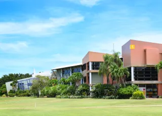 a row of different shaped buildings with palms and other vegetation in front and grass lawn in foreground