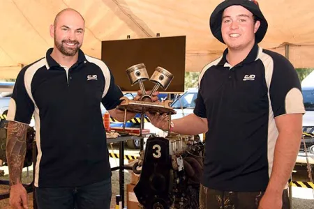 Adam Britten and Ethan Staniforth with the Flying Spanners trophy.