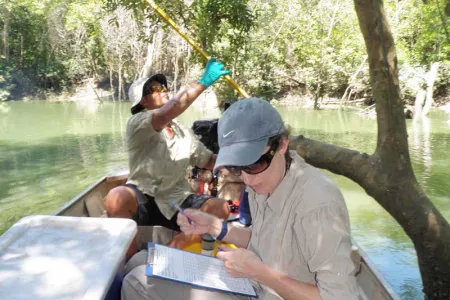 Dr Miriam Kaestli and DENR’s Mr Matthew Majid taking water samples in Darwin Harbour. 