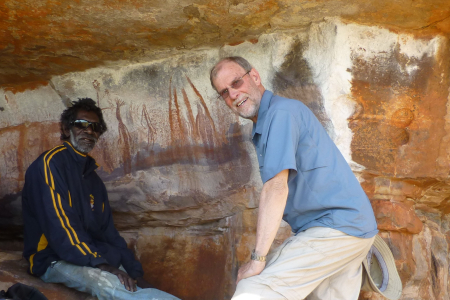 Professor Andy Gleadow and Traditional Owner Augie Unghango in a cave with rock art