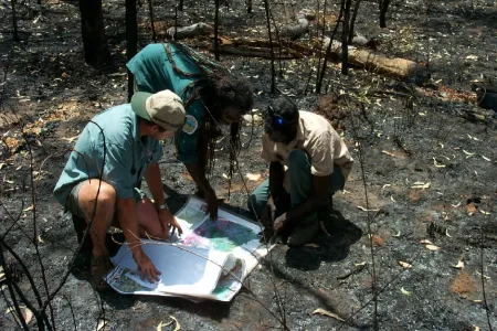 three people looking at maps on burnt ground