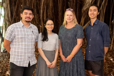 Charles Darwin University (CDU) engineering students Napoleao Da Silva (left) and Trang Nguyen participate in the social innovation challenge with support from professionals like Lecturer Dr Ulrike Kachel and Student Council Sustainability Officer Jens Cheung (right). 