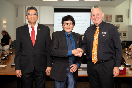 Charles Darwin University (CDU) has signed a partnership agreement with Indonesia's Hasanuddin University. Pictured: Indonesian Consul Gulfan Afero, Indonesian Ambassador His Excellency Dr Suswo Pramono and CDU Vice Chancellor Professor Scott Bowman.