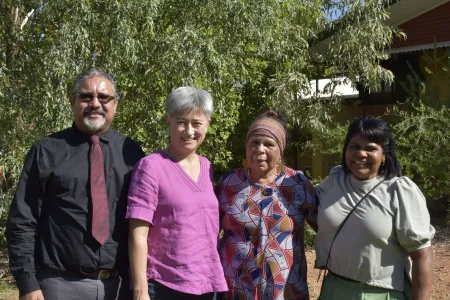 Shadow Minister for Foreign Affairs Senator Penny Wong visits Charles Darwin University (CDU) today in Central Australia as part of a forum to discuss First Nations foreign affairs. Pictured with Deputy Vice-Chancellor First Nations Leadership Reuben Bolt, Arrente elder Kumalie Riley and Labor Candidate for Lingiari Marion Scrymgour.