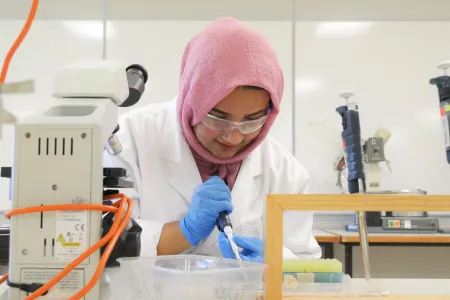 Medical Laboratory Science student Hajrah in the lab at Casuarina campus