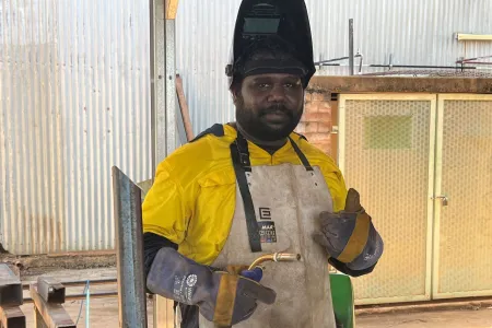 First Nations Jawoyn man learning welding techniques at CDU Katherine.