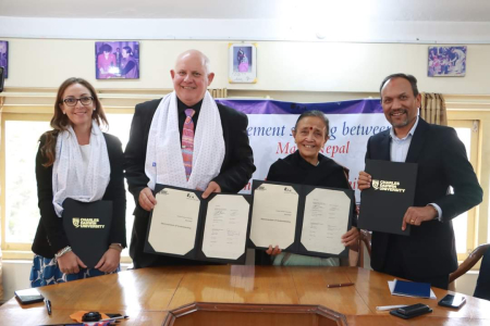 Left to right: Charles Darwin University (CDU) Executive Officer Rebecca Marrone, CDU Vice-Chancellor Professor Scott Bowman, Maiti Nepal Chairperson and Founder Anuradha Koirala and Maiti Nepal Director Bishwo Ram Khadka.
