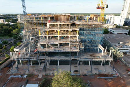 New aerial photo reveals the progress of construction of Charles Darwin University’s (CDU) city campus, as works commence on level seven.