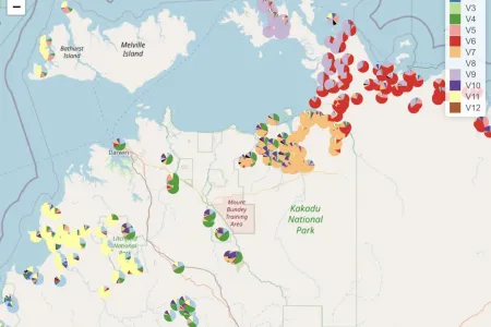 Map of the top end of the Northern Territory, with small pie charts clustered in various parts. Key to colour coding ranges from light blue, V1, to dark red, V12, but no explanation of what it signifies