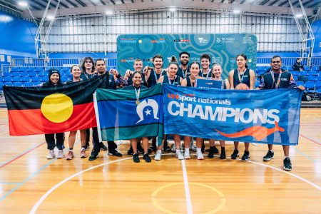 Charles Darwin University (CDU) took home the trophy in the basketball final at the 2023 Indigenous Nationals games held at Monash University in Melbourne.
