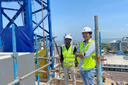 Master of Engineering students Kevin Gondaliya and Allen Glo are completing internships at the construction site of CDU’s new city campus, the Education and Community Precinct.