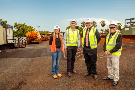 Aspire Design and Construct Executive Director Lisa Jenkinson, Minister for Skills, Training and International Education Joel Bowden, CDU Vice-Chancellor Professor Scott Bowman and CDU TAFE Chief Executive Mike Hamilton at the construction site.