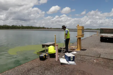 two people, one standing, one squatting, on concrete edge of large pond, collecting samples of water near a patch of greenish algae