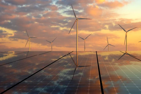 image of wind turbines and solar panels