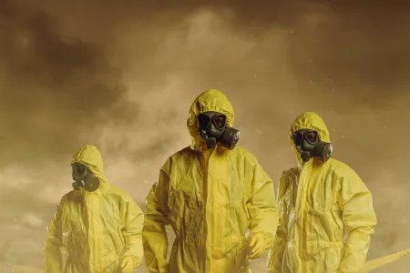 three people wearing full-body yellow hazmat suits and black gas masks. They are standing in a smoky, dusty, or foggy environment with a dark brownish sky, giving the scene an intense, possibly hazardous or post-apocalyptic feel. Yellow caution tape runs across the lower part of the image, suggesting a restricted or contaminated area.