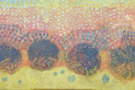 Painting with dark circles, red-orange dotting and yellow/gold