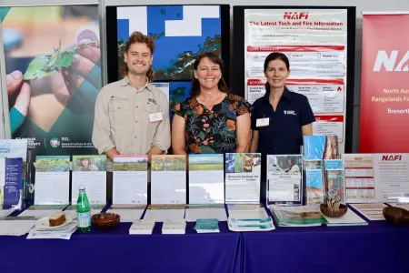 Honours student Jamie McHugh, Kerry Crosbie from NAFI and Sofia Oliveira from the DCBR share information about CDU’s research and study opportunities during the 2026 Savanna Fire Forum. 