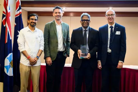 Dr Naveen Kumar Elumalai (far left) and Research Professor Kannoorpatti Krishnan. Picture: Supplied by QDSA