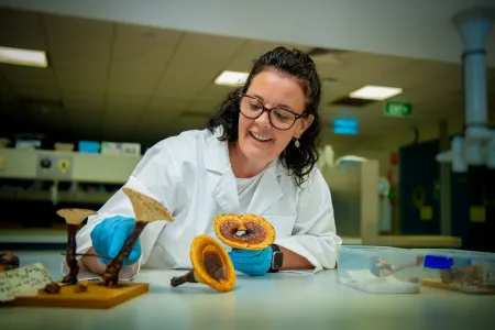 A scientist presents her work with mushrooms inside a CDU laboratory.